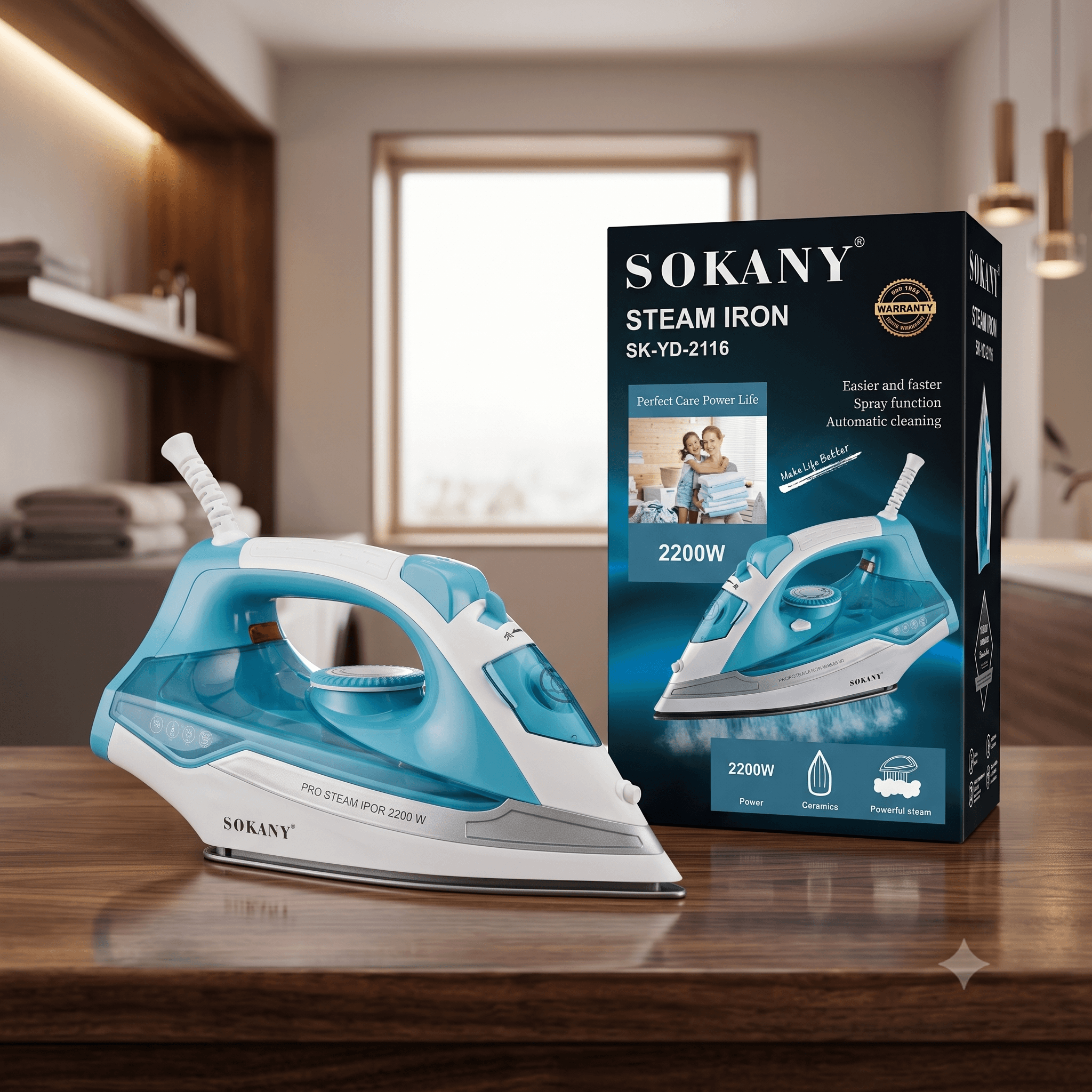 SOKANY SK-YD-2116 Professional Steam Iron – 2200W High Power Ceramic Soleplate with Spray & Self-Cleaning (Teal & White) – image 1