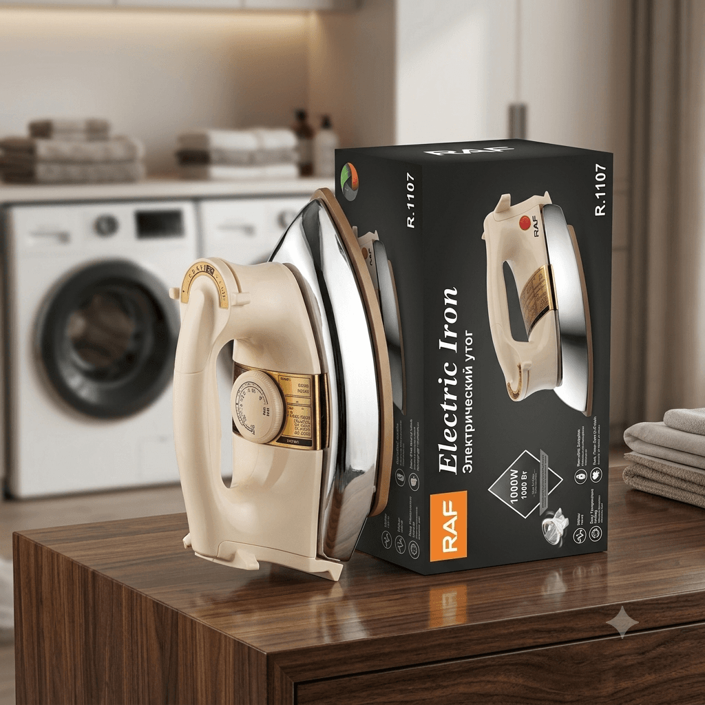 RAF R.1107 Heavy Duty Electric Dry Iron – 1000W Non-Stick Stainless Steel Soleplate (Beige & Chrome) – image 1