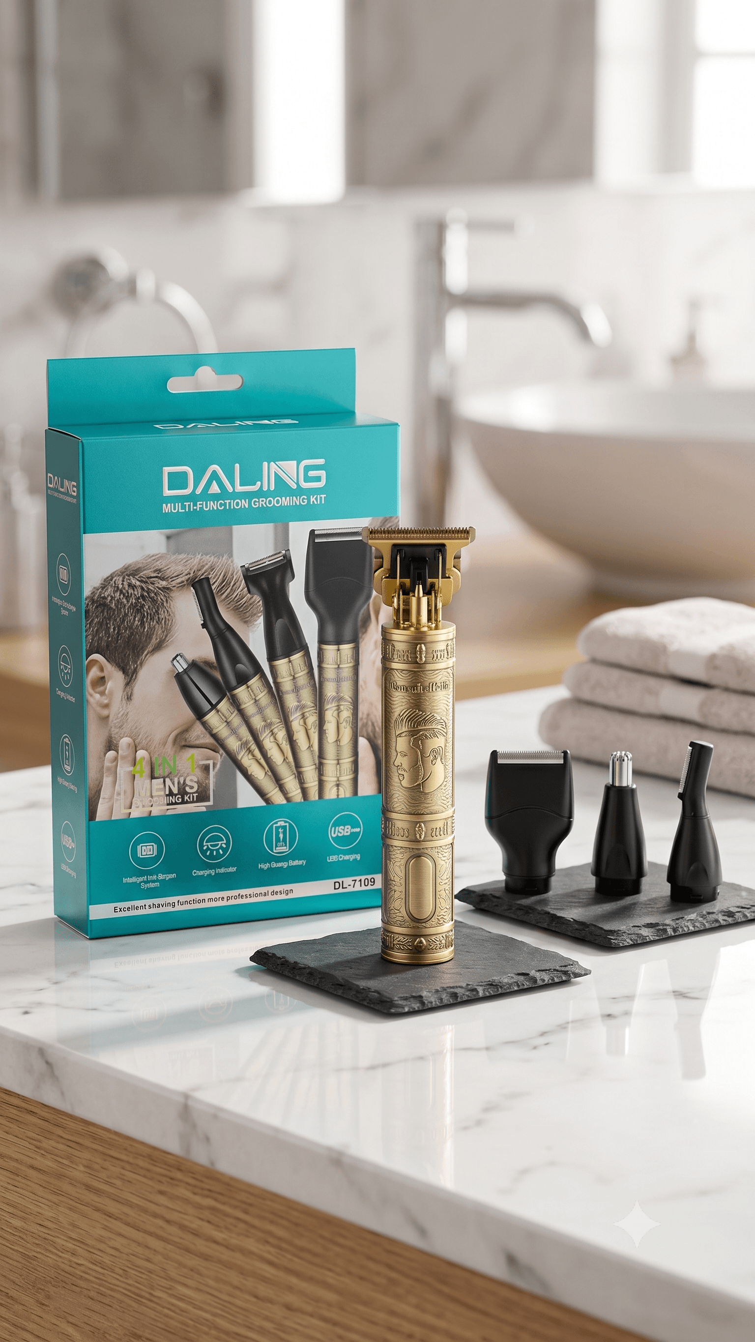 DALING DL-7109 Professional 4-in-1 Multi-Function Men's Grooming Kit – Rechargeable Electric Shaver, Nose, Ear & Eyebrow Trimmer Set