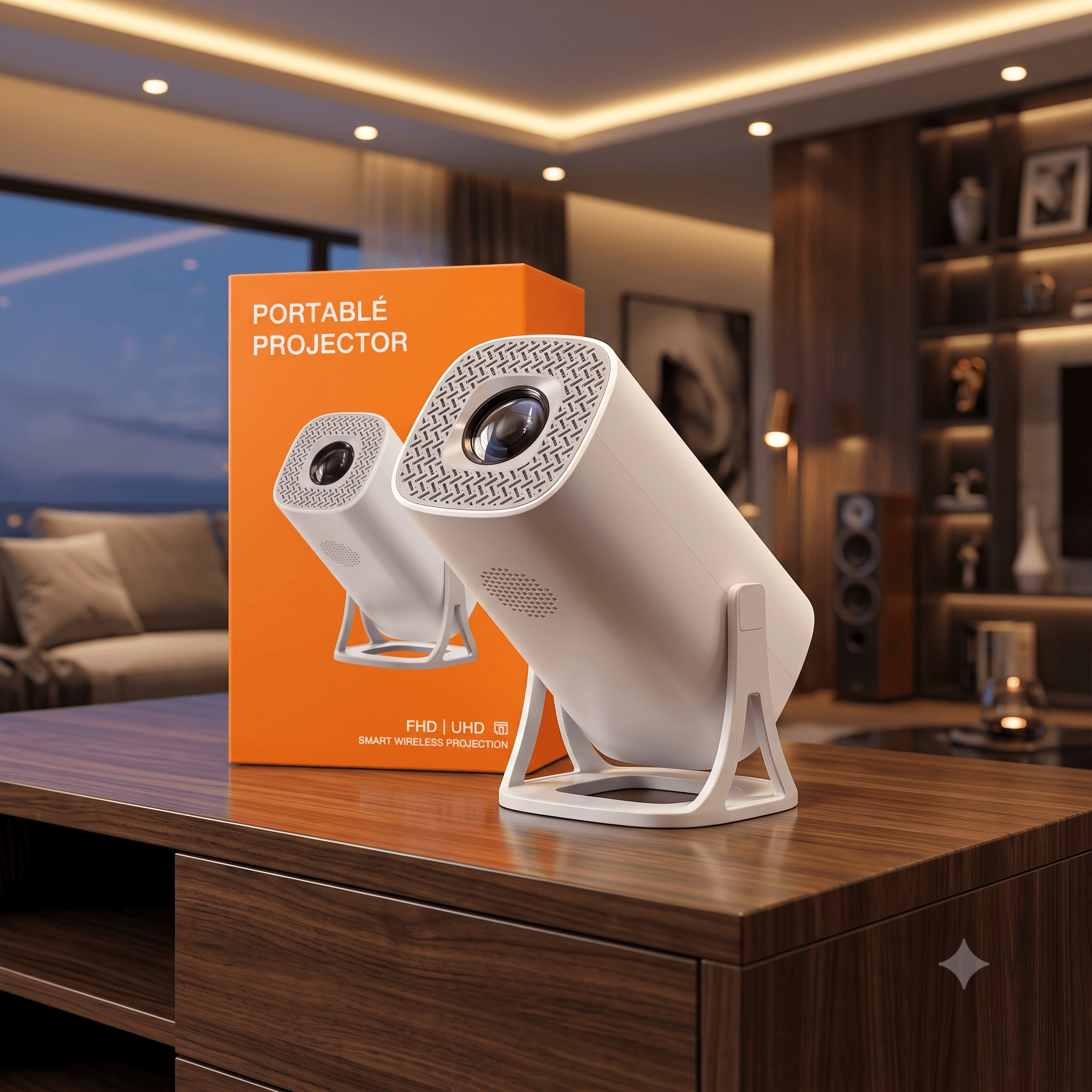 Smart Wireless Portable Projector – Full HD / UHD Supported Mini Home Theater Projector with 180° Rotating Cradle Stand & Textured Lens Mesh
