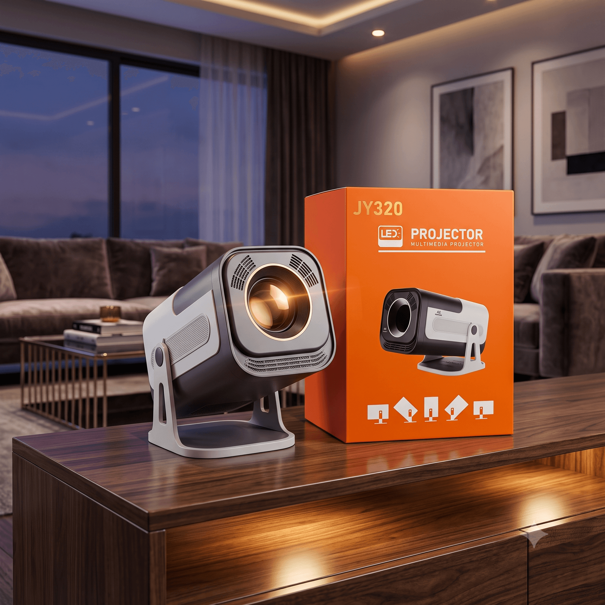 JY320 Smart LED Multimedia Projector – 4K Supported Ultra-Compact Home Theater Video Projector with 180° Rotatable Integrated Stand