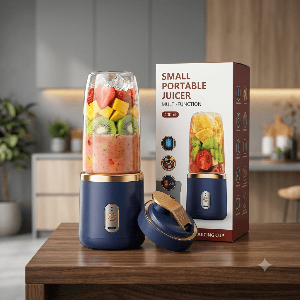 Multi-Function Small Portable Juicer Cup – 400ml Rechargeable Personal Electric Blender (Navy Blue & Gold) – image 1