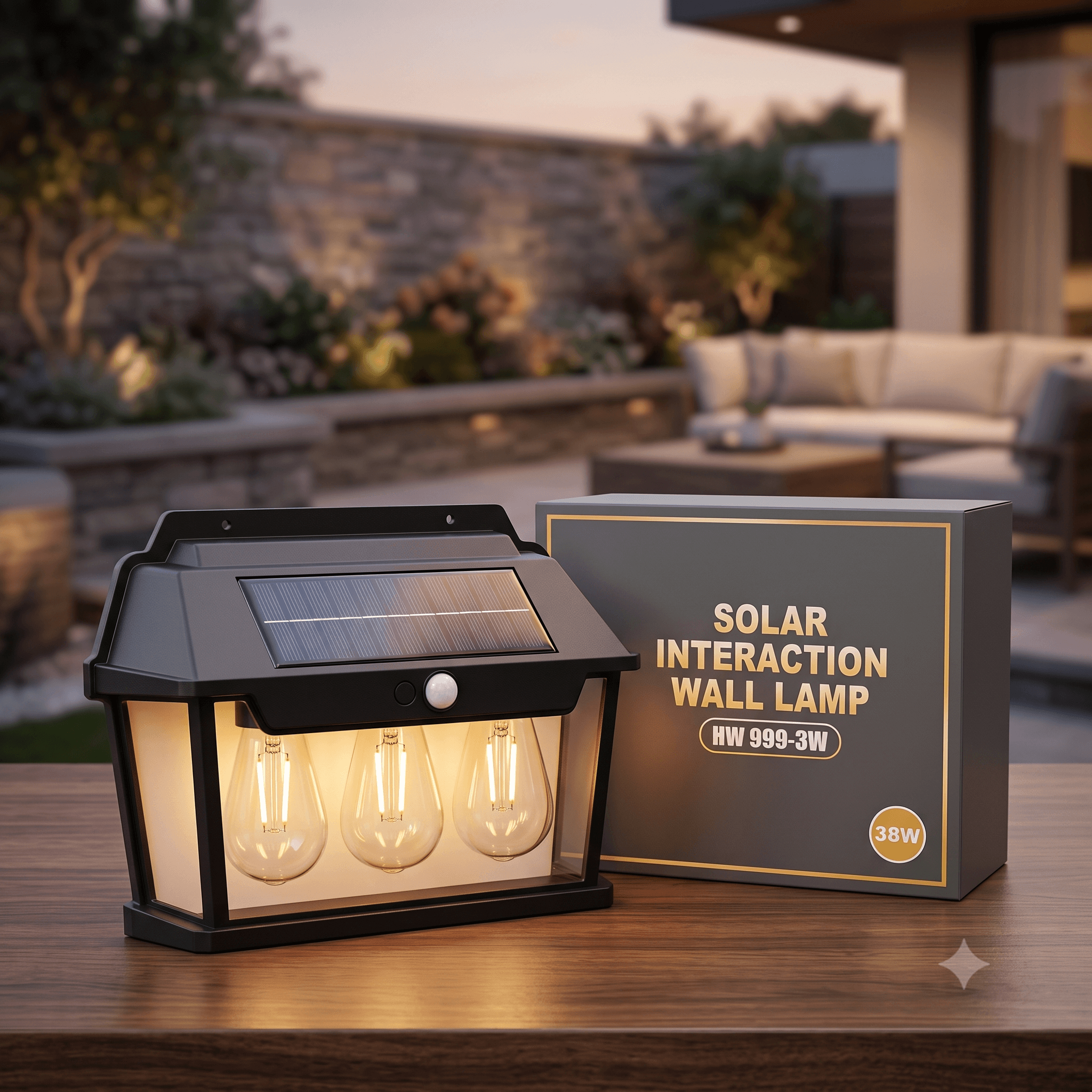 38W Solar Interaction Wall Lamp – Eco-Friendly Outdoor Motion Sensor Security Light with 3 Vintage LED Filament Bulbs and Integrated Solar Panel (Model HW 999-3W)