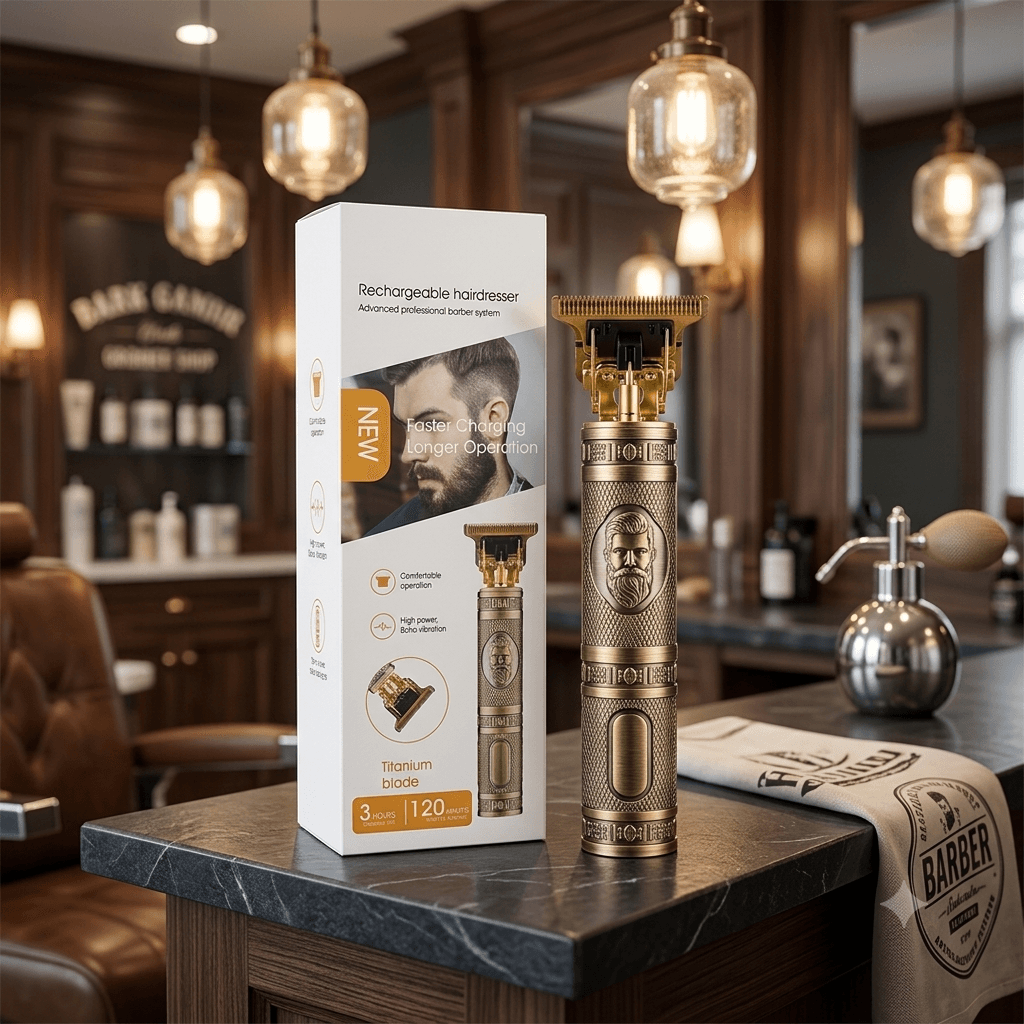 Advanced Professional Barber System Rechargeable Hairdesser – Vintage Gold Cordless T-Blade Hair Trimmer with Titanium Blade