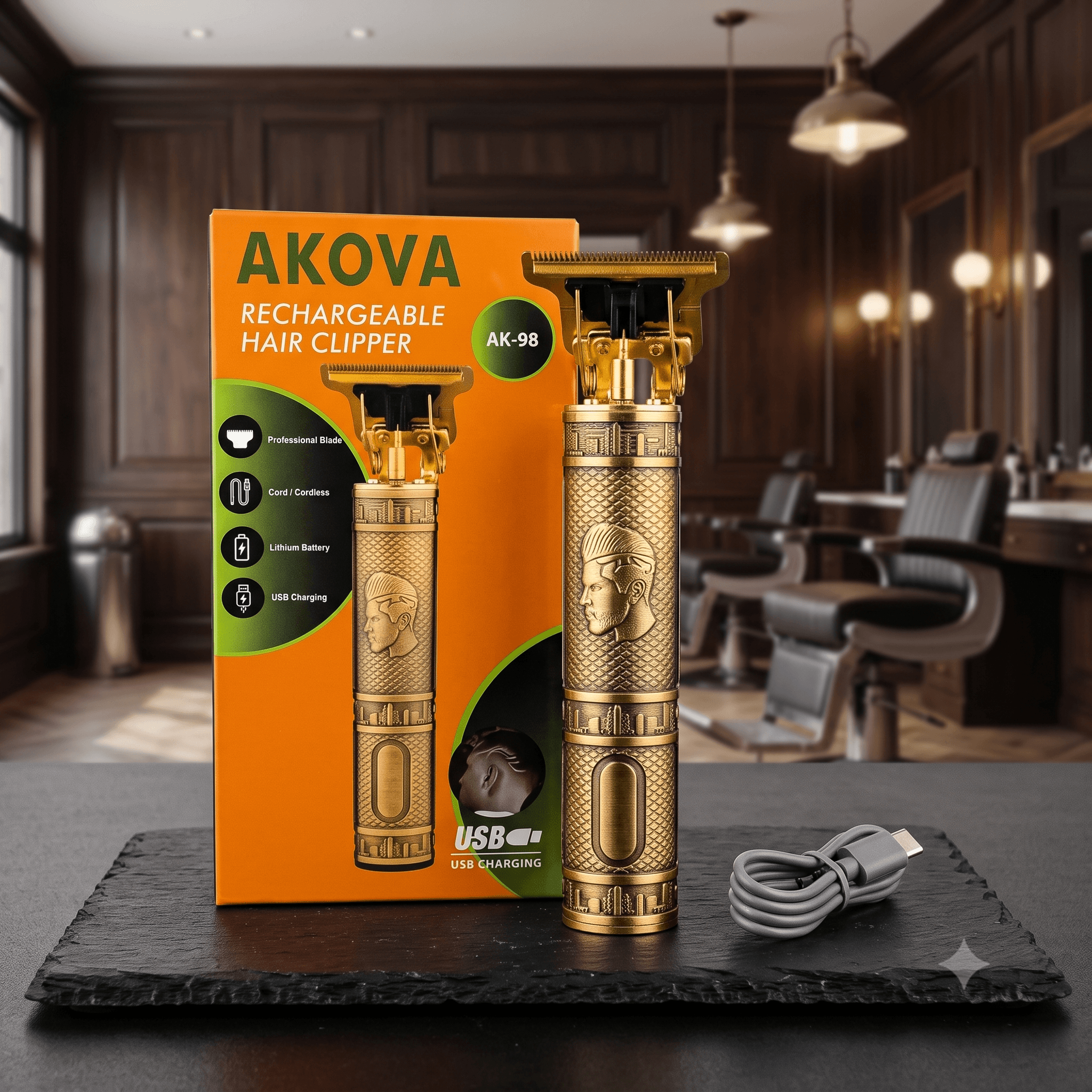 AKOVA AK-98 Professional Rechargeable Hair Clipper – Vintage Gold T-Blade Outliner & Detail Trimmer with USB Charging