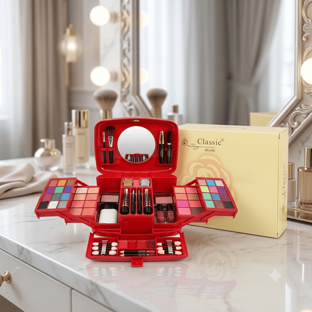 Classic Deluxe Professional Make-Up Kit – Luxury All-in-One Vanity Makeup Box with Eyeshadow, Blushes, Lip Colors, and Built-in Mirror