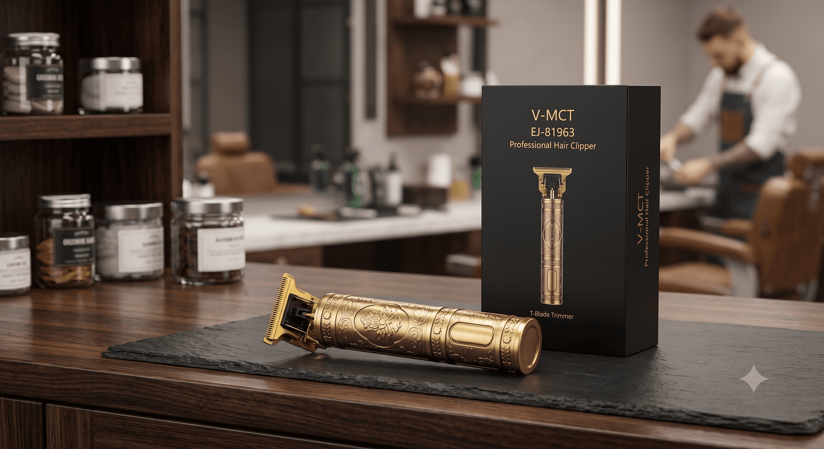 V-MCT EJ-81963 Professional Hair Clipper & Outliner – Vintage Cordless T-Blade Trimmer with 1200mAh Lithium Battery