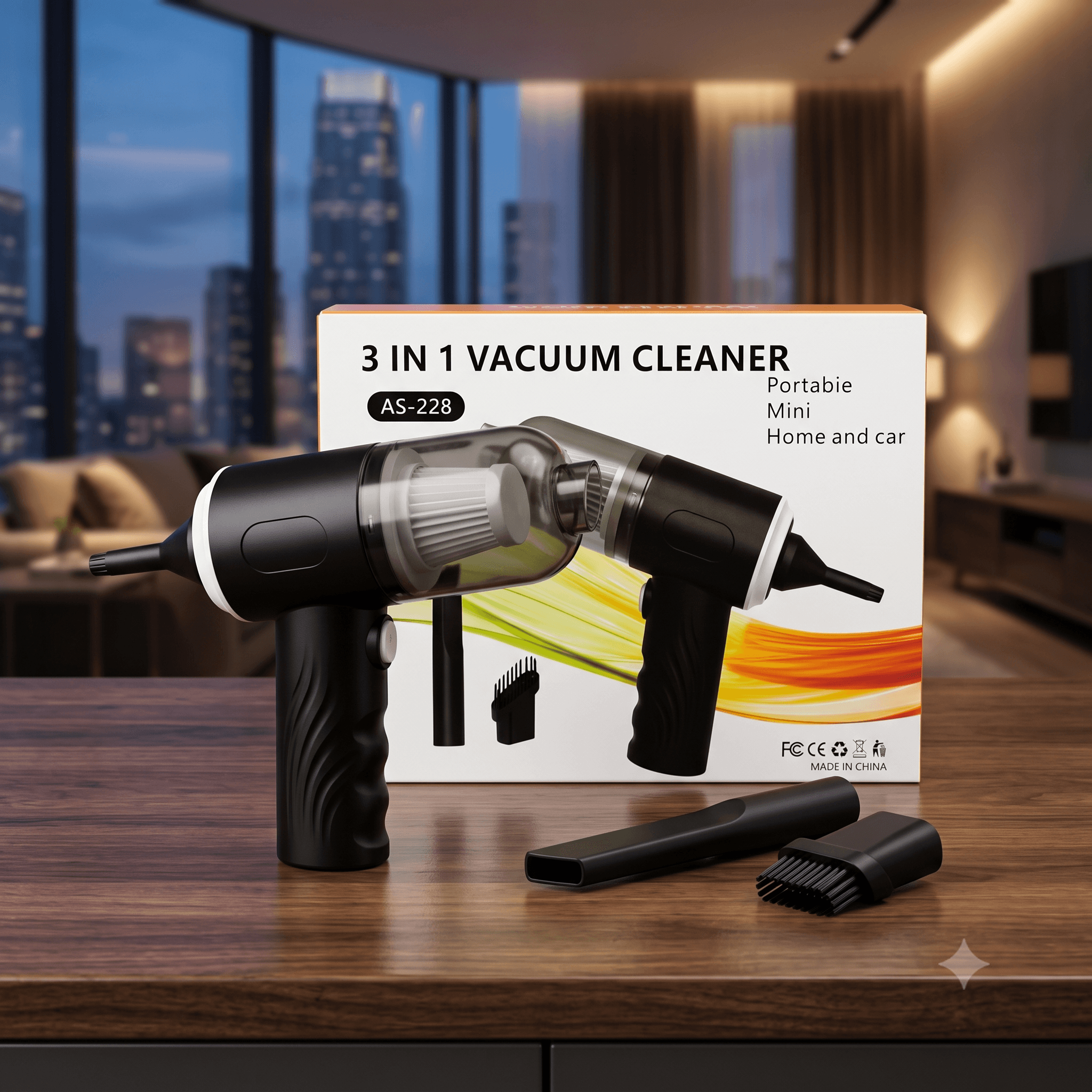 AS-228 3-in-1 Portable Mini Vacuum Cleaner – Cordless Handheld Vacuum, Air Duster & Compression Pump with Ergonomic Ribbed Grip, Multi-Nozzle System, and Washable Eco-Filter
