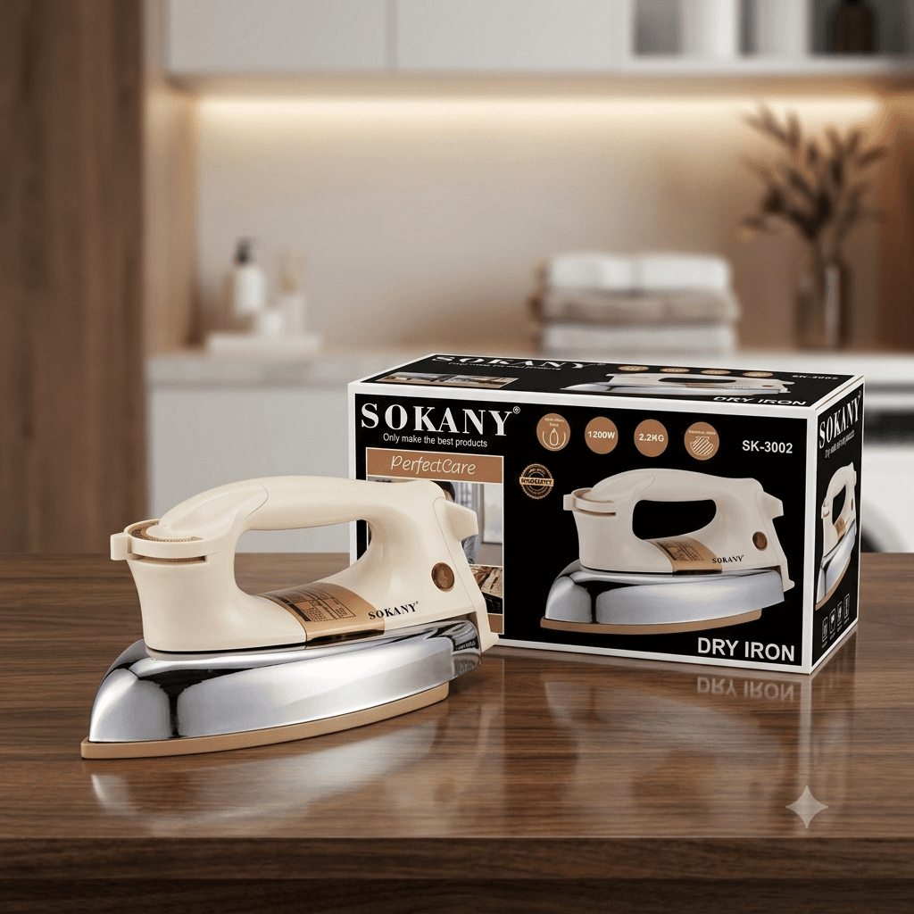 SOKANY SK-3002 Heavy Duty Electric Dry Iron – 1200W High Power 2.2KG Non-Stick Soleplate (Beige & Chrome) – image 1