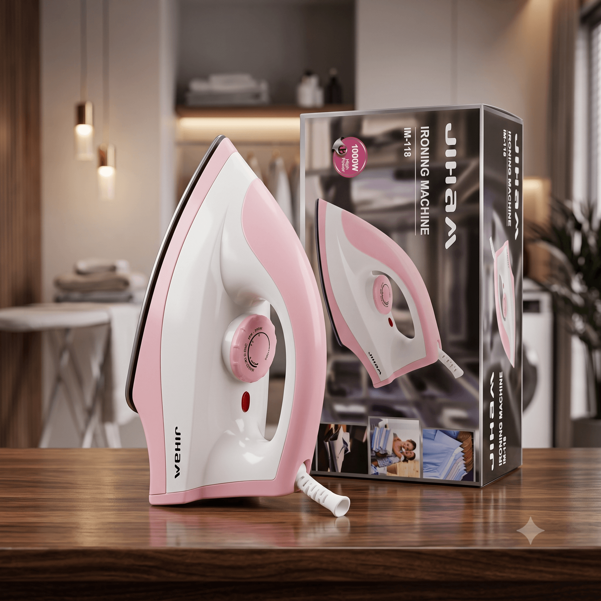 JIHAM IM-118 Electric Ironing Machine – 1000W High Power Lightweight Dry Iron (Pink & White) – image 1