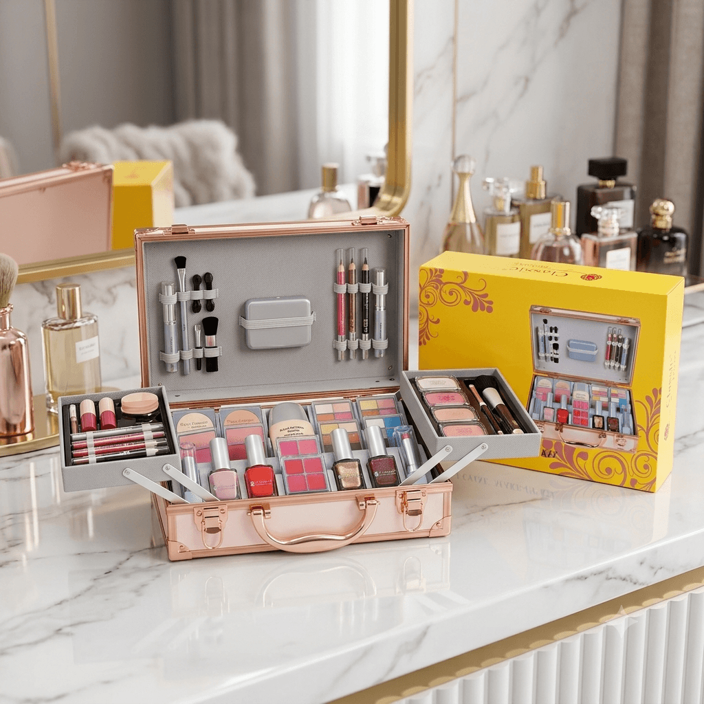 Classic Deluxe Professional Vanity Case Make-Up Kit – Luxury Aluminum Travel Cosmetics Suitcase with Nail Polish, Lip Gloss, Eyeshadows, and Full Brush Set