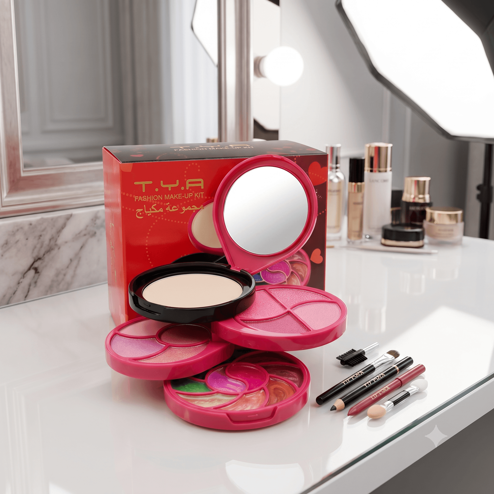 T.Y.A Fashion Make-Up Kit – All-in-One Compact Travel Vanity Set with Eyeshadow, Lip Gloss, Face Powder, and Built-In Mirror
