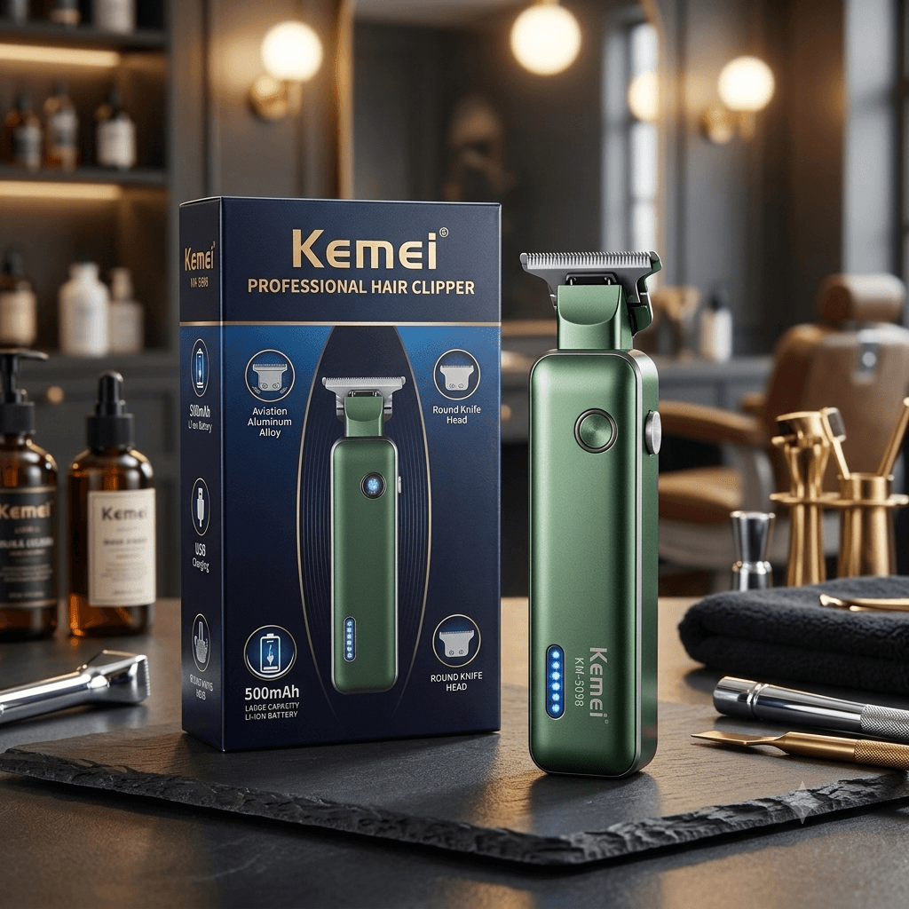 Kemei KM-5098 Professional Hair Clipper – Aviation Aluminum Alloy Cordless T-Blade Trimmer with 500mAh Lithium Battery