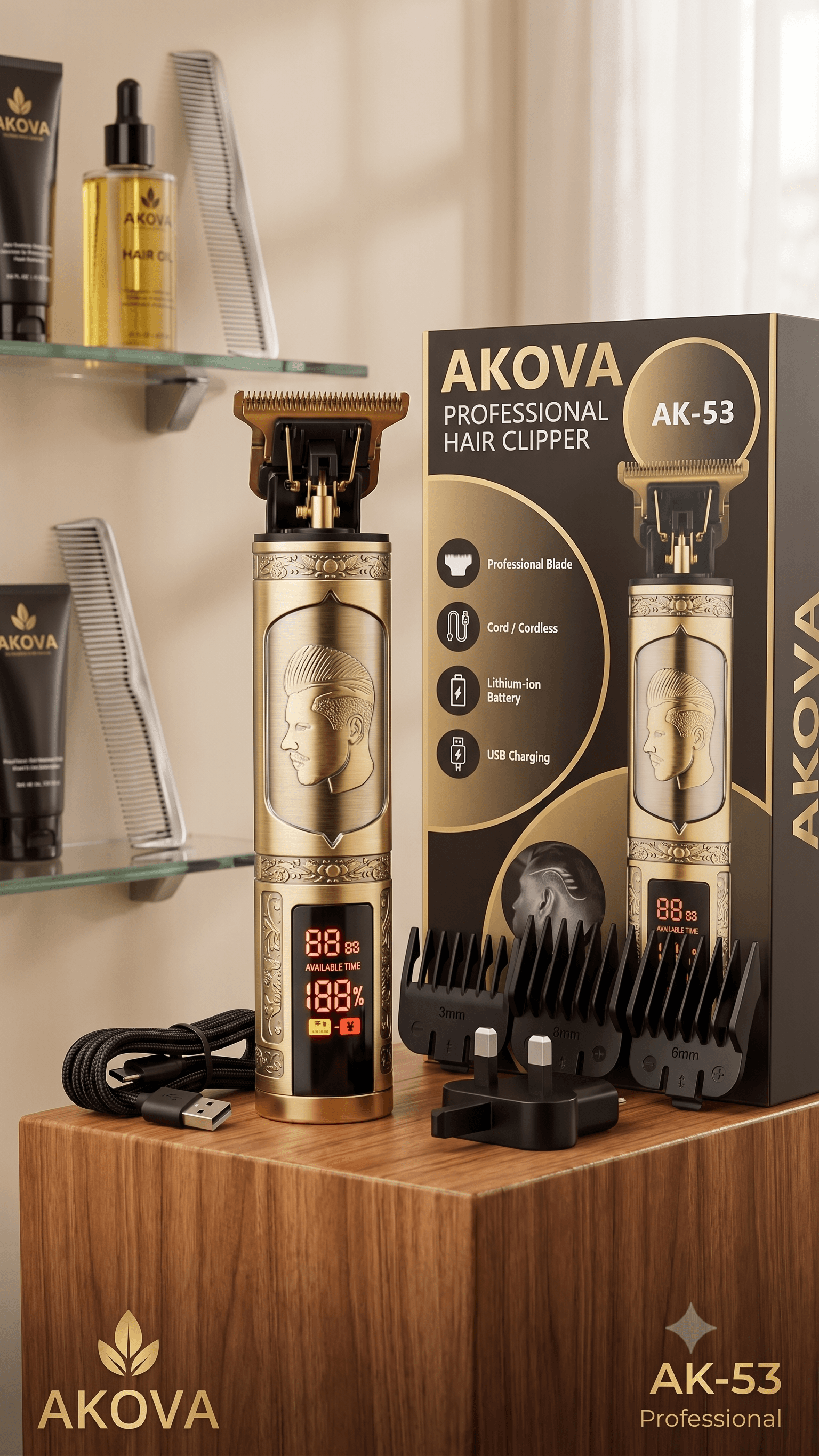 AKOVA AK-53 Professional Rechargeable Hair Clipper & Trimmer – Cordless Barber Grooming Kit with LED Display