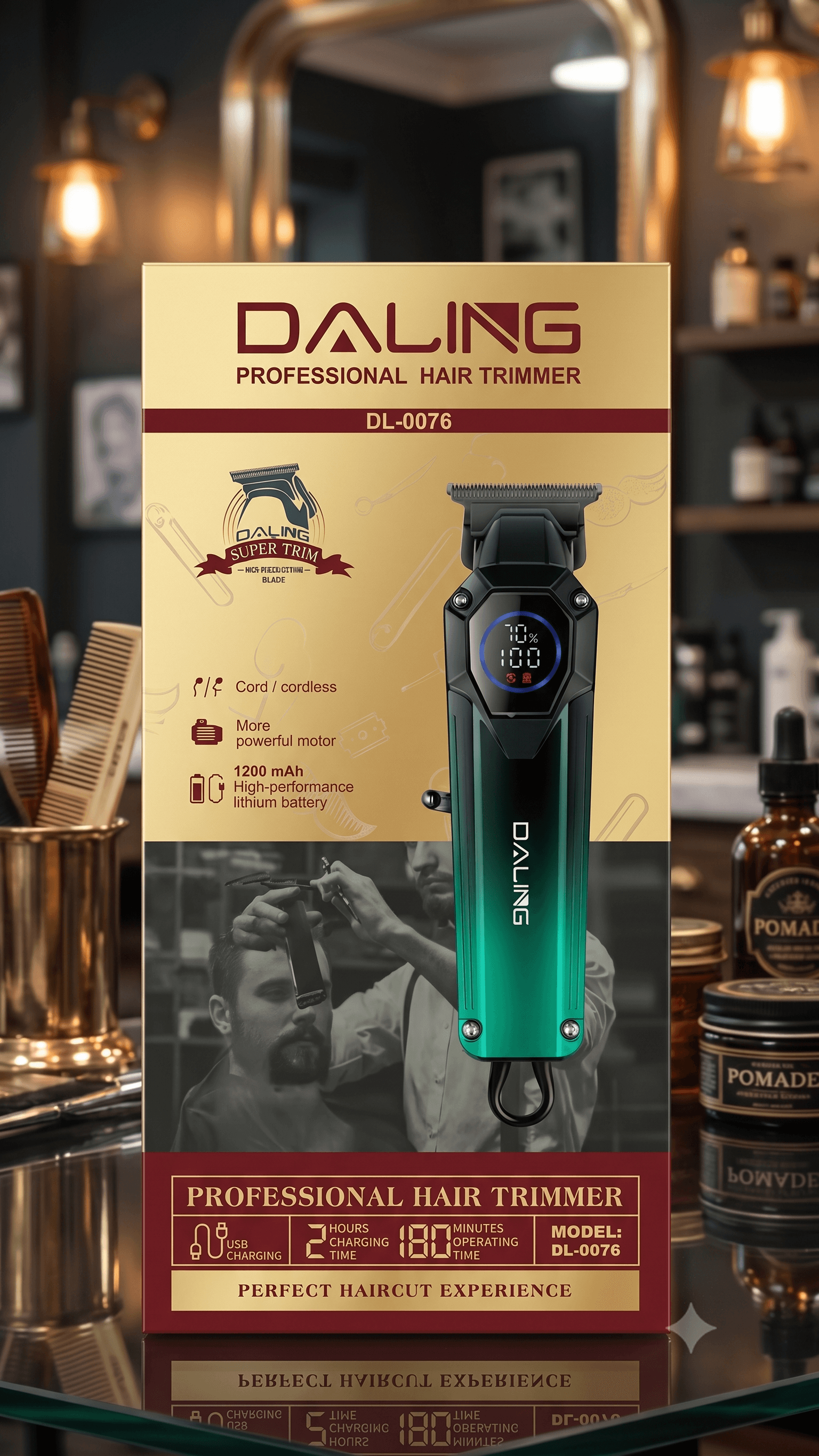 DALING DL-0076 Professional Hair Trimmer – High-Speed Cordless T-Blade Clipper with 1200mAh Battery & Smart LED Display