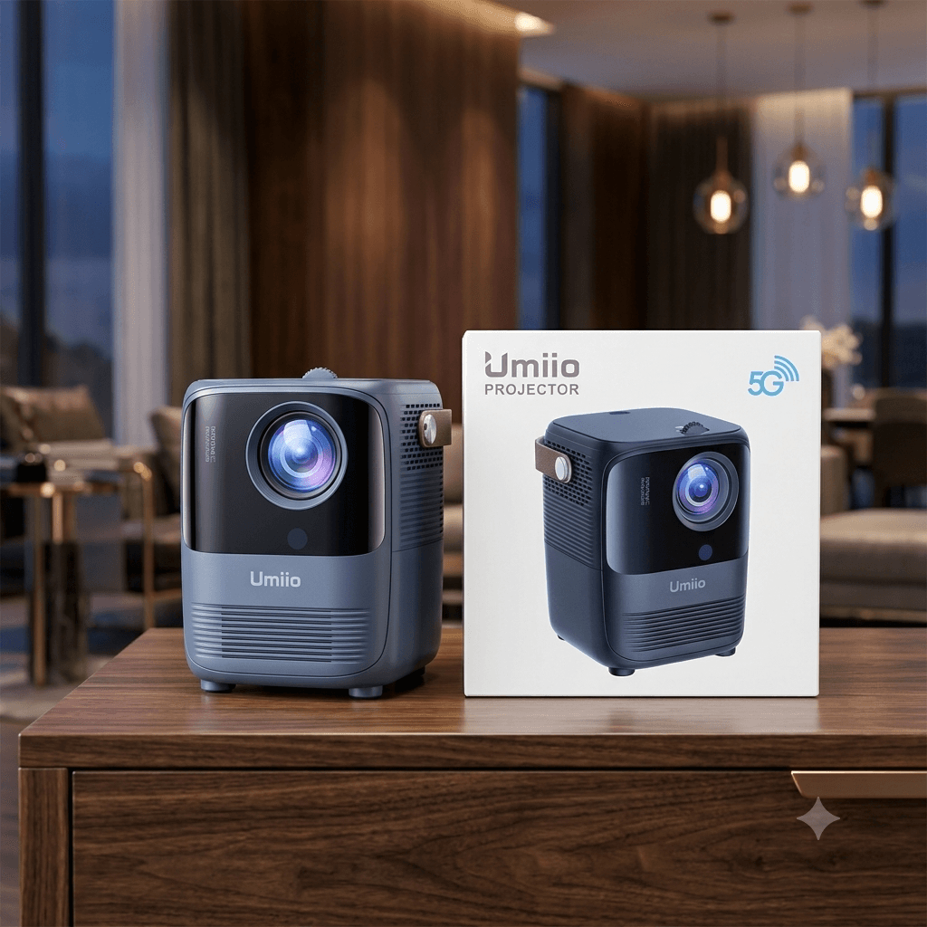 Umiio Smart Portable Projector – Full HD Home Theater Video Projector with Dual-Band 5G Wi-Fi, Compact Design & Integrated Carry Strap