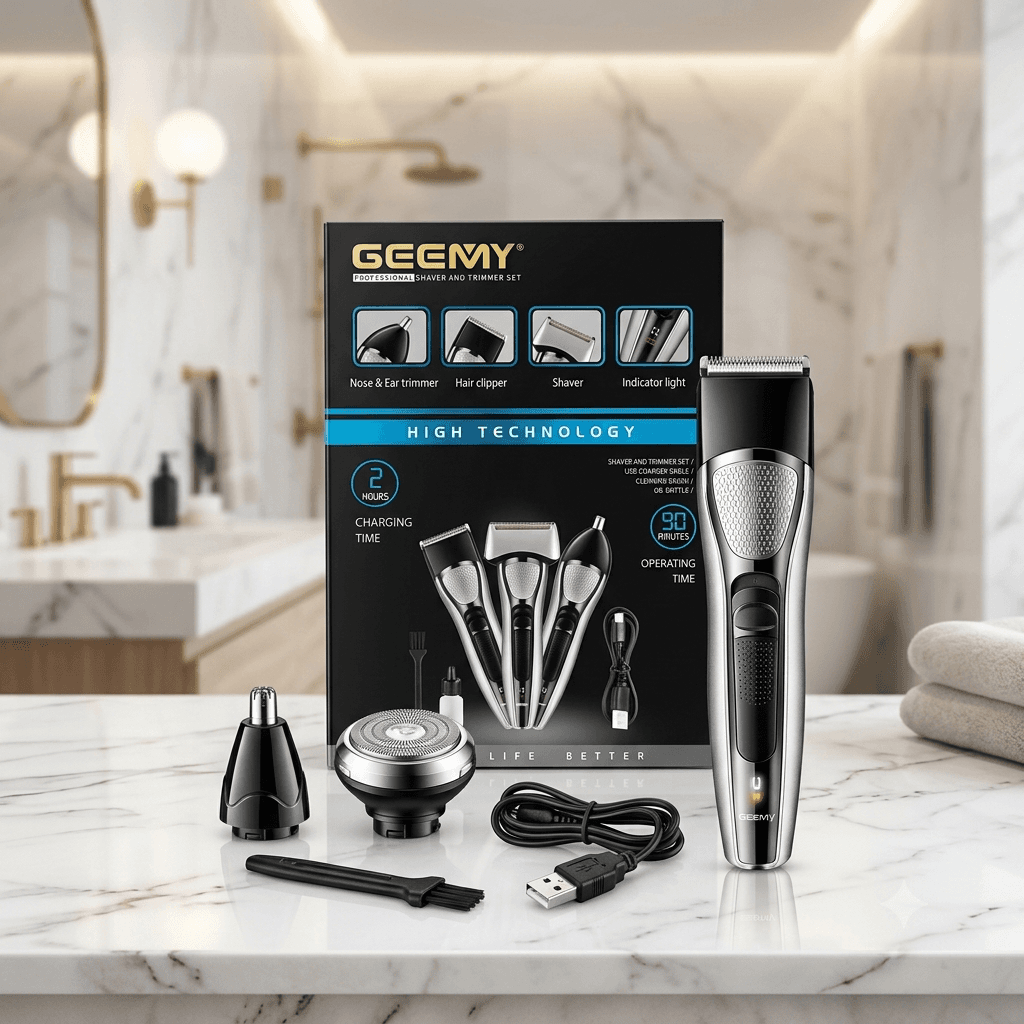 Geemy Professional Shaver and Trimmer Set – 3-in-1 Grooming Kit with Nose & Ear Trimmer, Hair Clipper, and Shaver Attachments