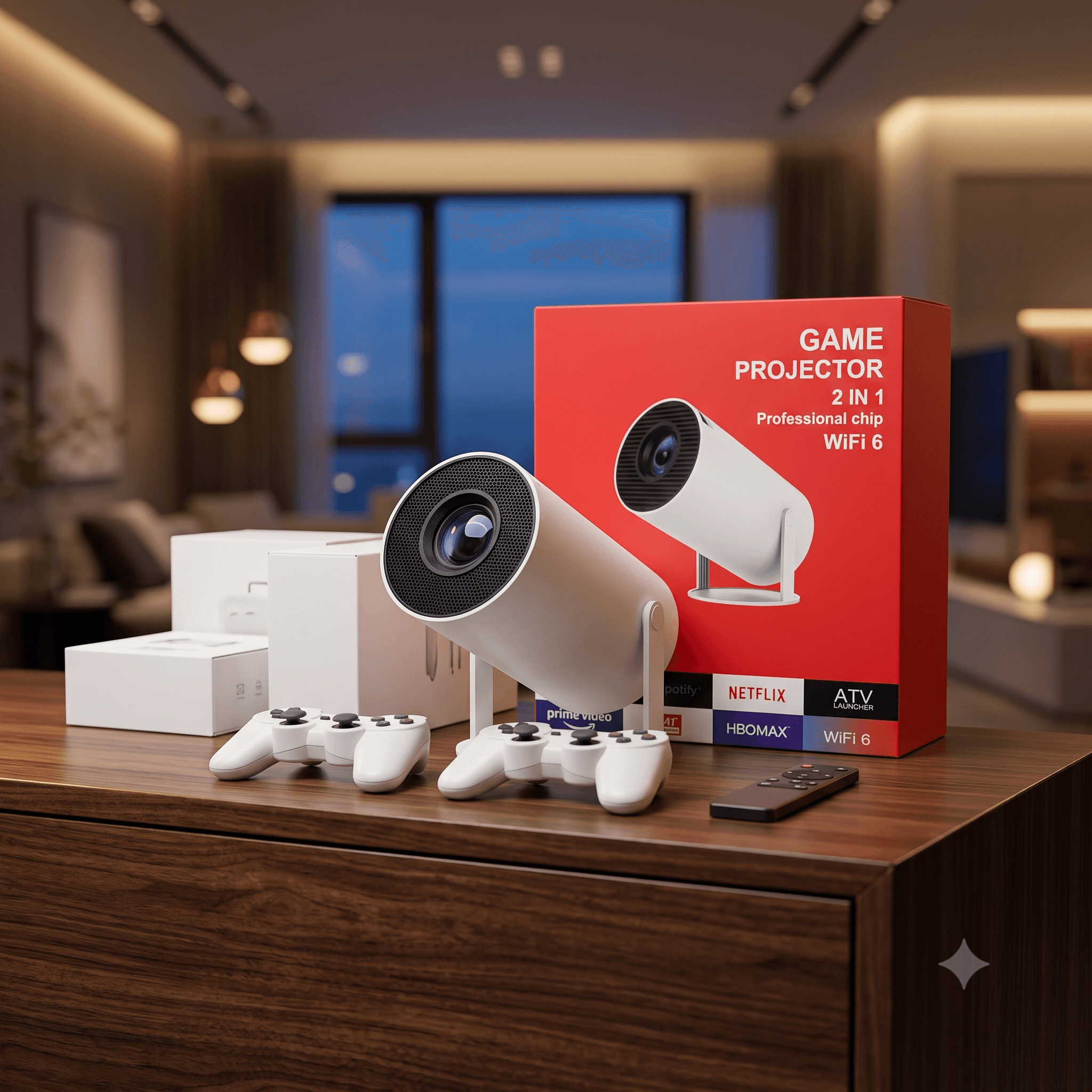 2-in-1 Smart Wireless Game Projector – 4K Supported Home Theater Video Player & Retro Gaming Console Bundle with Dual 2.4G Wireless Gamepads, WiFi 6, and Android TV App Support