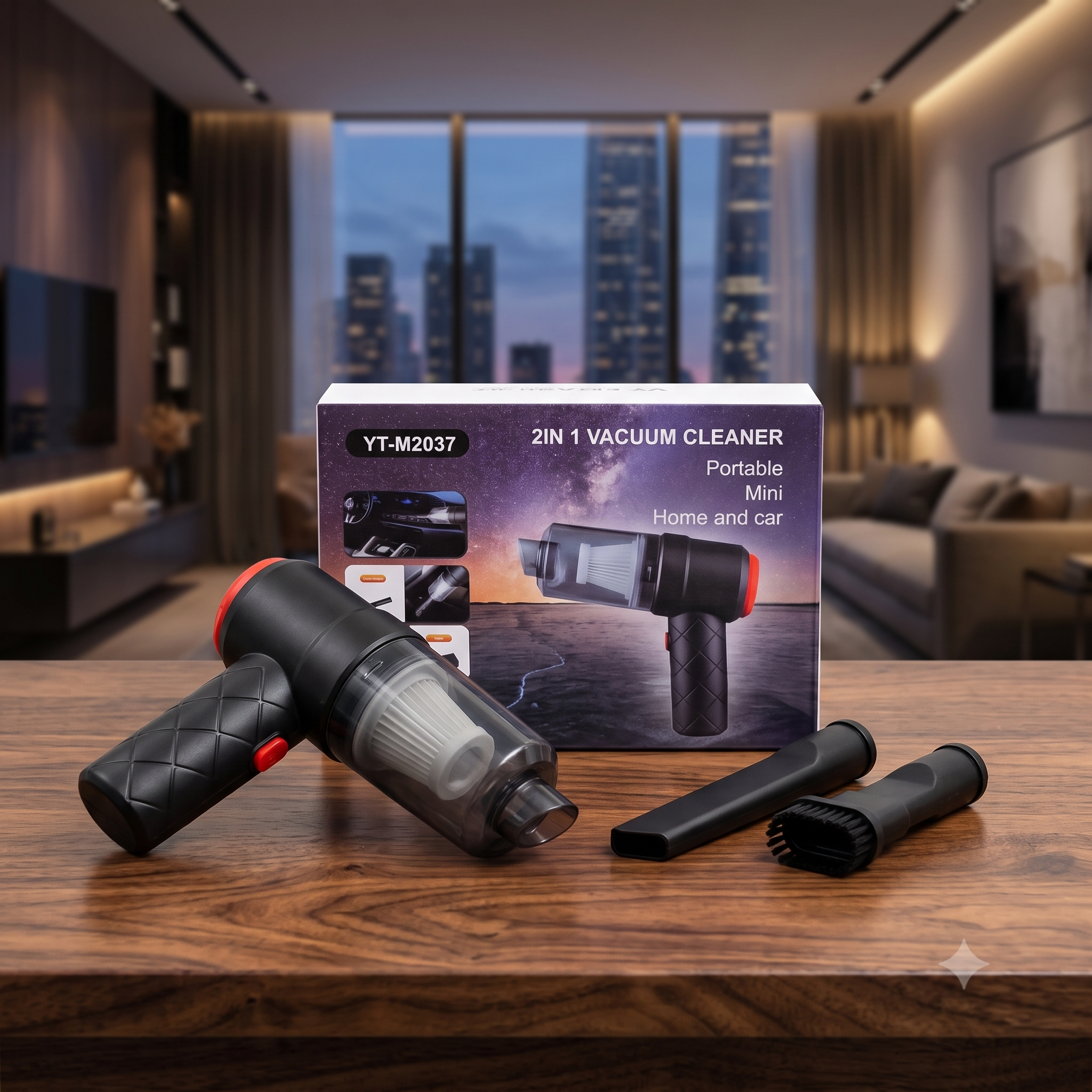 YT-M2037 2-in-1 Portable Mini Vacuum Cleaner β Cordless Handheld Car & Home Vacuum with Diamond-Quilted Grip, Multi-Nozzle Accessories, and Transparent Dust Bin