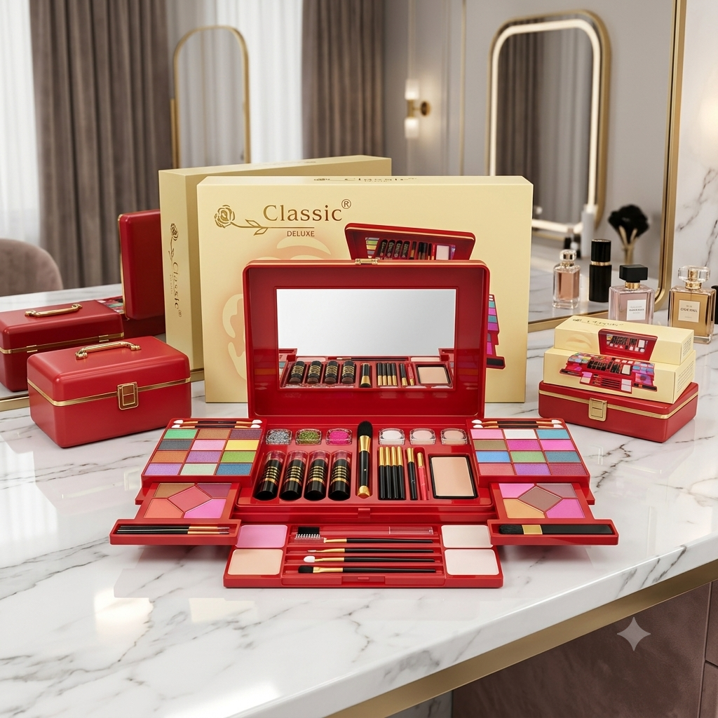Classic Deluxe Professional Makeup Vanity Case β Ultimate All-in-One Multi-Tier Cosmetics Palette with Eyeshadow, Powders, Blushes, and Vanity Mirror