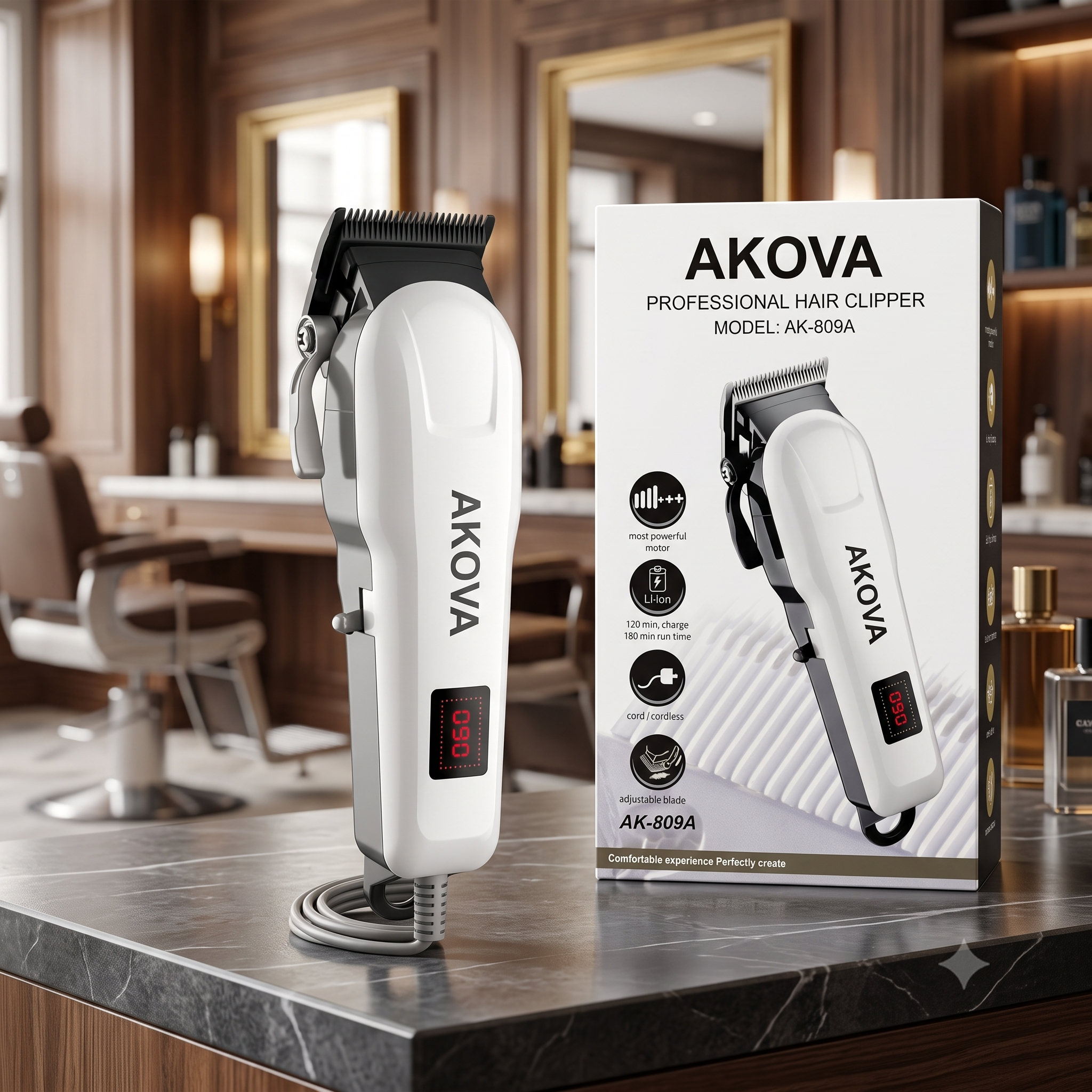 AKOVA AK-809A Professional Hair Clipper โ Heavy Duty Cord/Cordless Barber Trimmer with LED Display & 180 Min Runtime