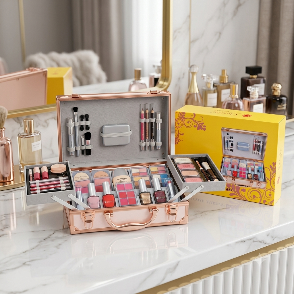 Classic Deluxe Professional Vanity Case Make-Up Kit β Luxury Aluminum Travel Cosmetics Suitcase with Nail Polish, Lip Gloss, Eyeshadows, and Full Brush Set