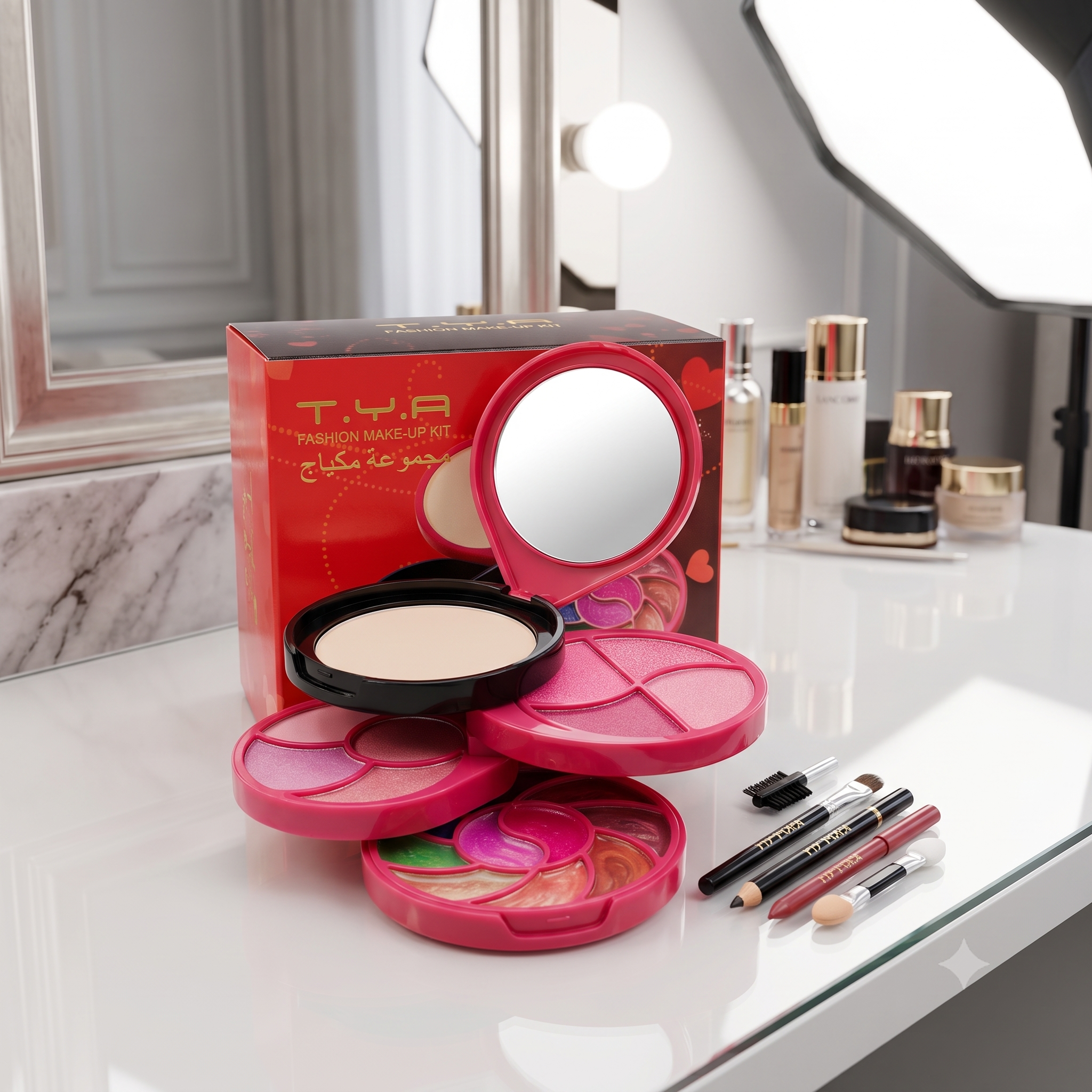 T.Y.A Fashion Make-Up Kit β All-in-One Compact Travel Vanity Set with Eyeshadow, Lip Gloss, Face Powder, and Built-In Mirror