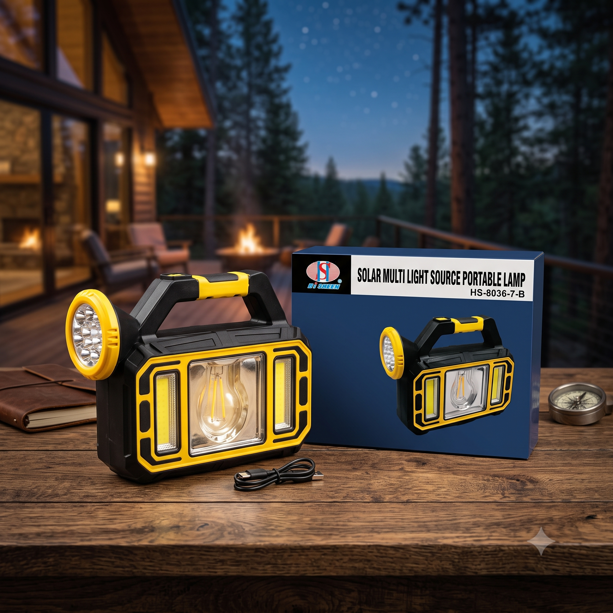 Hi Sheen Solar Multi Light Source Portable Lamp โ Heavy-Duty Outdoor LED Camping Lantern & Flashlight Work Light with Solar + USB Charging and 3 Light Modes (Model HS-8036-7)